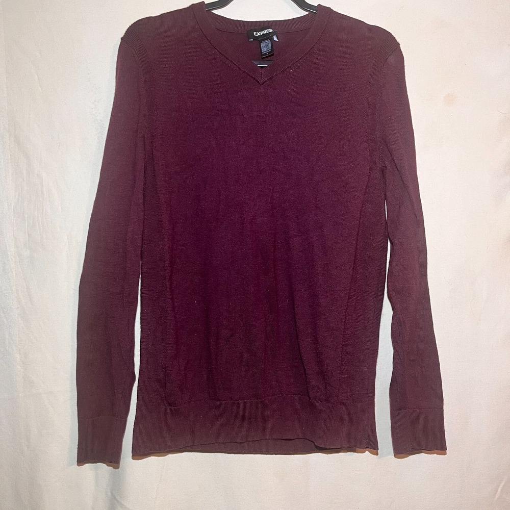 Express Burgundy V-Neck Sweater SZ M Wool Blend Long Sleeve Pullover Sweater A29